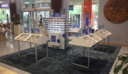 Eyeglass displays in the center of an optical shop