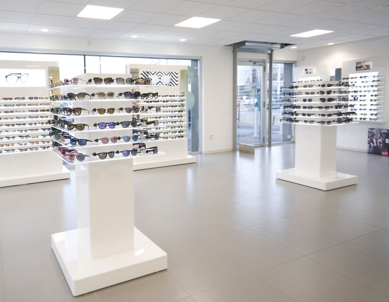 eyeglass displays in the center of the store