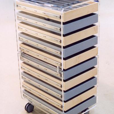 Cassettiera per Occhiali in plex trasparente a 10 cassetti push in essenza legno e laccato bianco