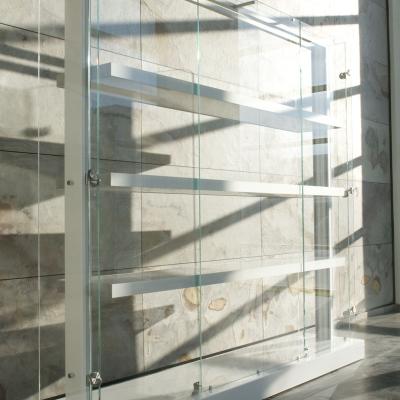 Vetrina Geneve con base in PVC bianco, mensole bianche, ante in vetro e cornice classica 